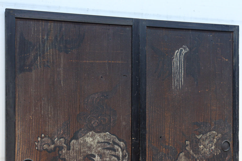 幅860ミリ　東海道から望む富士を描いたのか風情漂う素晴らしい板絵戸セット　F8594　在庫2枚1組