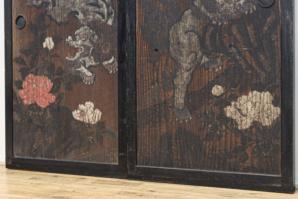 幅860ミリ　東海道から望む富士を描いたのか風情漂う素晴らしい板絵戸セット　F8594　在庫2枚1組