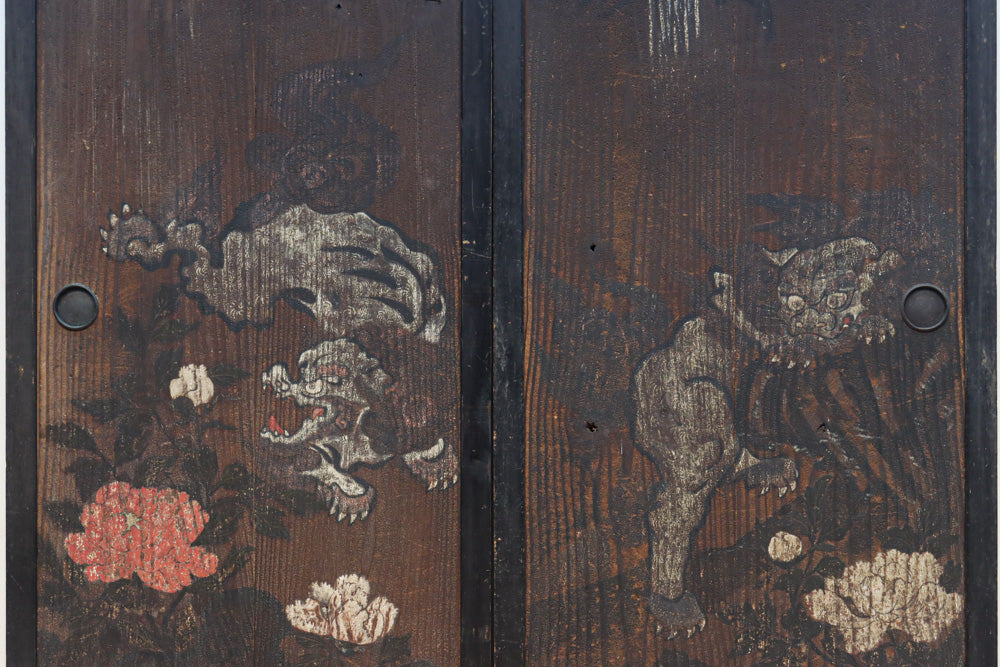 幅860ミリ　東海道から望む富士を描いたのか風情漂う素晴らしい板絵戸セット　F8594　在庫2枚1組