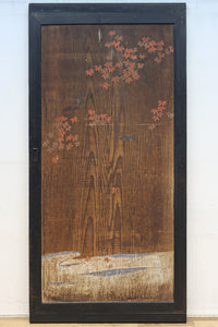 幅888ミリ　二羽の小鳥がもみじの周りで戯れる板絵戸　F8595　在庫1枚