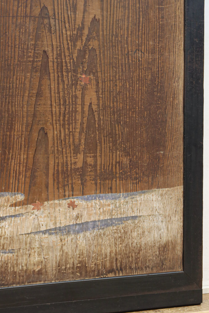 幅888ミリ　二羽の小鳥がもみじの周りで戯れる板絵戸　F8595　在庫1枚