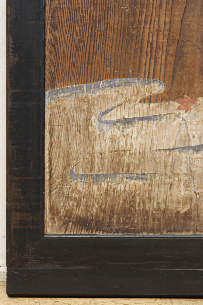 幅888ミリ　二羽の小鳥がもみじの周りで戯れる板絵戸　F8595　在庫1枚