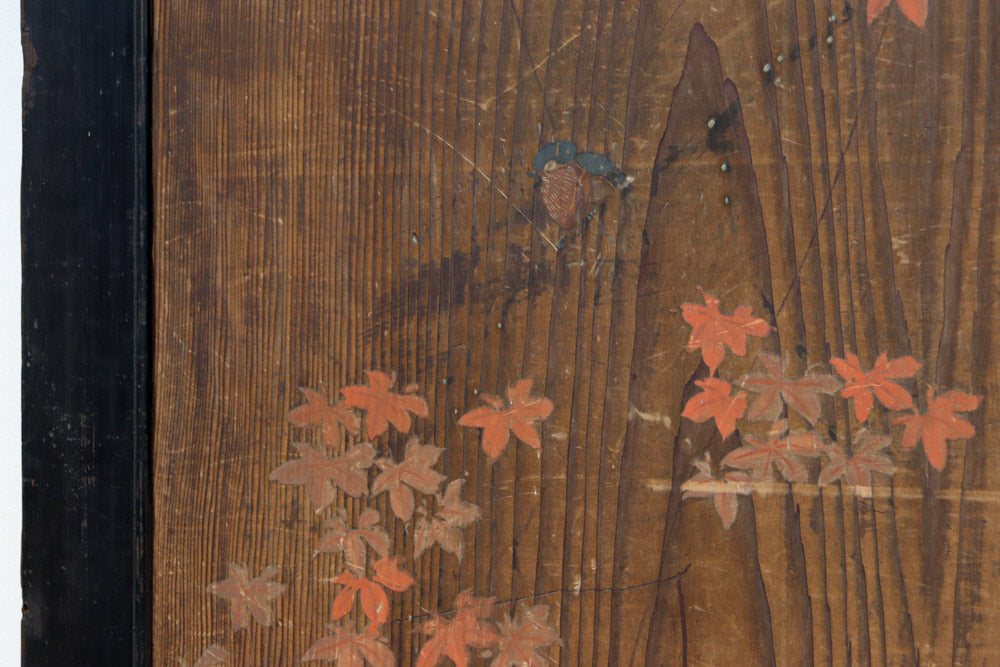 幅888ミリ　二羽の小鳥がもみじの周りで戯れる板絵戸　F8595　在庫1枚