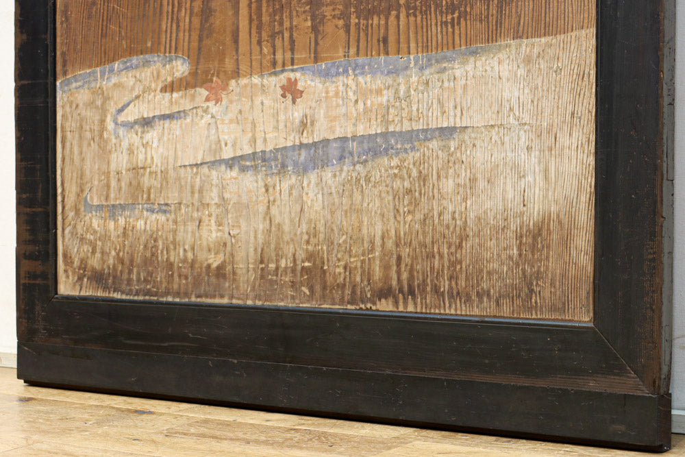 幅888ミリ　二羽の小鳥がもみじの周りで戯れる板絵戸　F8595　在庫1枚