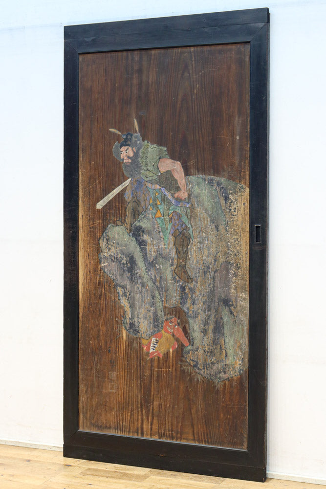 幅888ミリ　二羽の小鳥がもみじの周りで戯れる板絵戸　F8595　在庫1枚