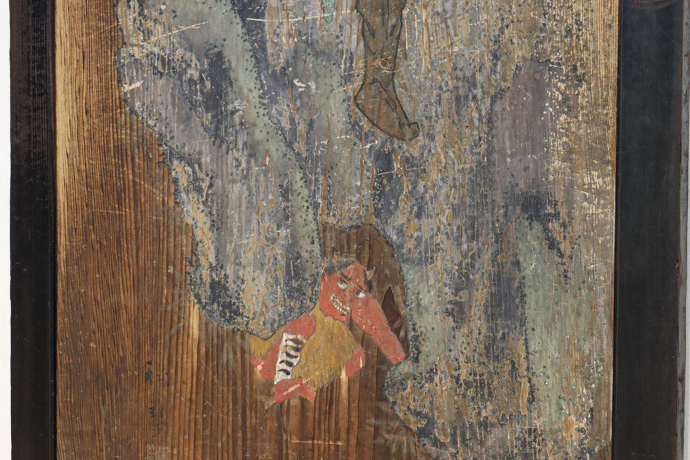 幅888ミリ　二羽の小鳥がもみじの周りで戯れる板絵戸　F8595　在庫1枚