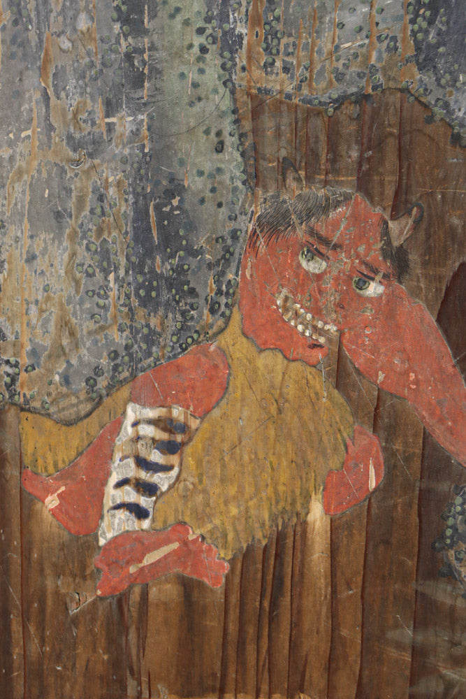 幅888ミリ　二羽の小鳥がもみじの周りで戯れる板絵戸　F8595　在庫1枚