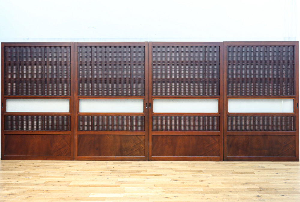 稀少幅1100ミリ　縦格子と結霜ガラスの小窓が上品な幅広大阪格子戸　F8596　在庫4枚