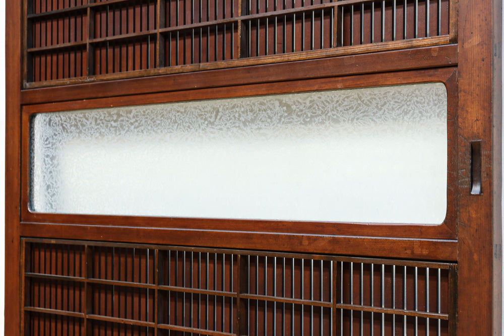 稀少幅1100ミリ　縦格子と結霜ガラスの小窓が上品な幅広大阪格子戸　F8596　在庫4枚