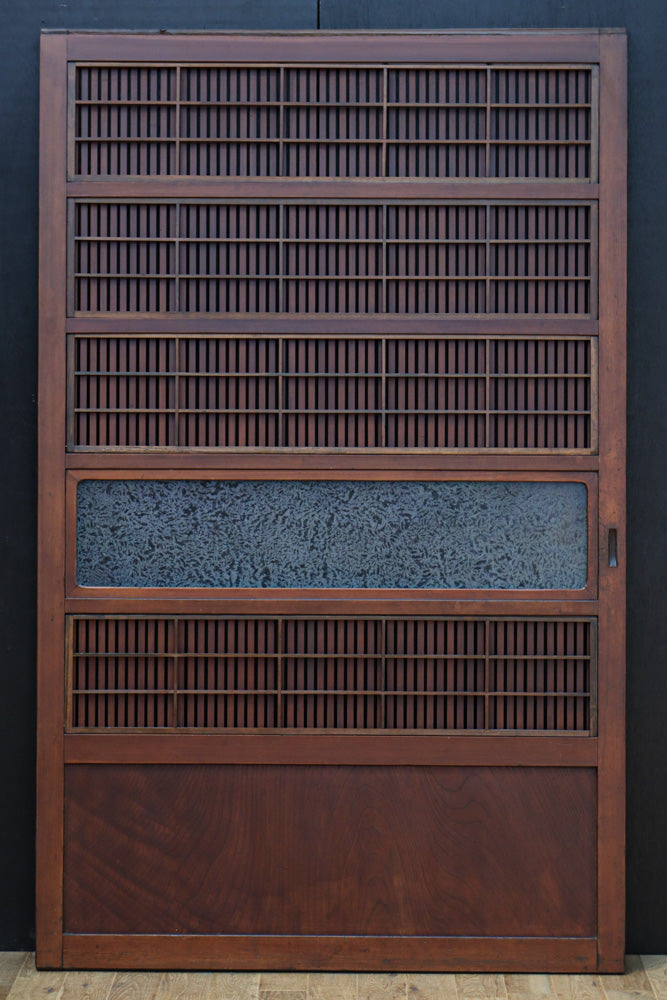 稀少幅1100ミリ　縦格子と結霜ガラスの小窓が上品な幅広大阪格子戸　F8596　在庫4枚