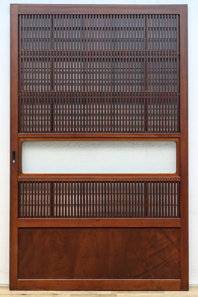 稀少幅1100ミリ　縦格子と結霜ガラスの小窓が上品な幅広大阪格子戸　F8596　在庫4枚