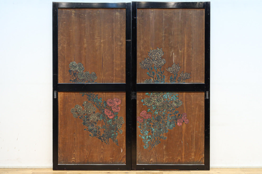 小菊と白梅の花で華やかな板絵戸セット　F8602a　在庫2枚1組