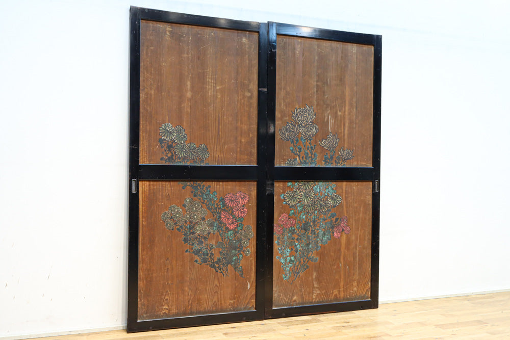 小菊と白梅の花で華やかな板絵戸セット　F8602a　在庫2枚1組