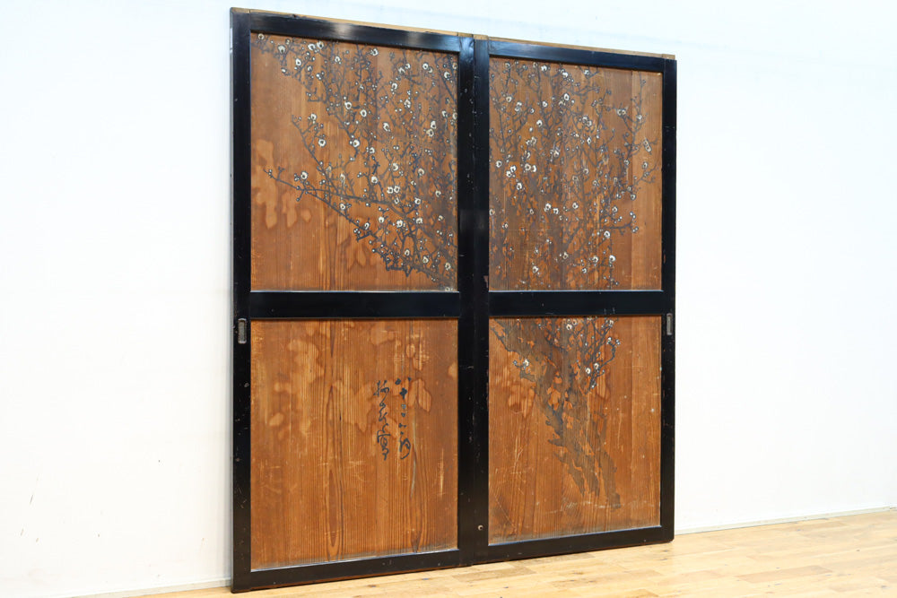 牡丹と白梅の花で上品な板絵戸セット　F8602b　在庫2枚1組