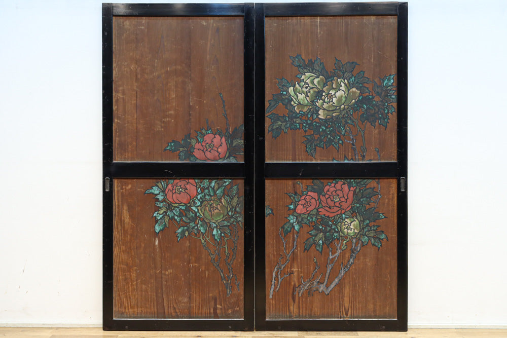 牡丹と白梅の花で上品な板絵戸セット　F8602b　在庫2枚1組