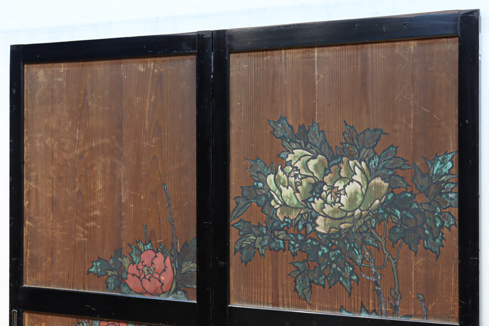 牡丹と白梅の花で上品な板絵戸セット　F8602b　在庫2枚1組
