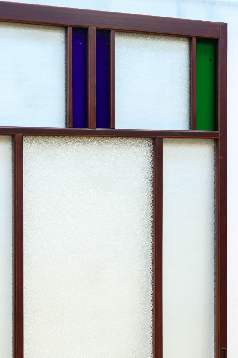 昭和レトロ!! 色ガラスの配色が爽やかなガラス戸　F8613　在庫2枚