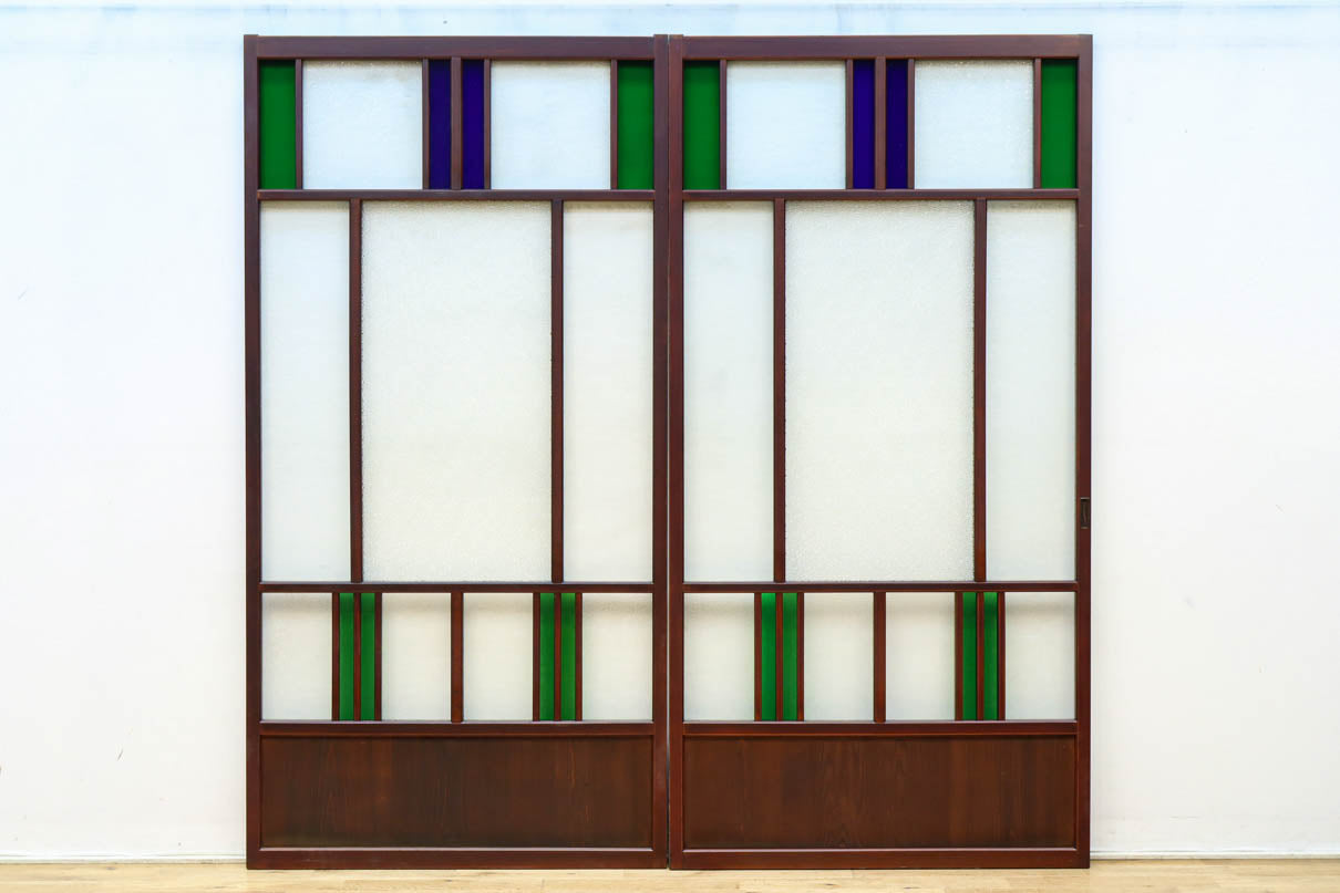 昭和レトロ!! 色ガラスの配色が爽やかなガラス戸　F8613　在庫2枚