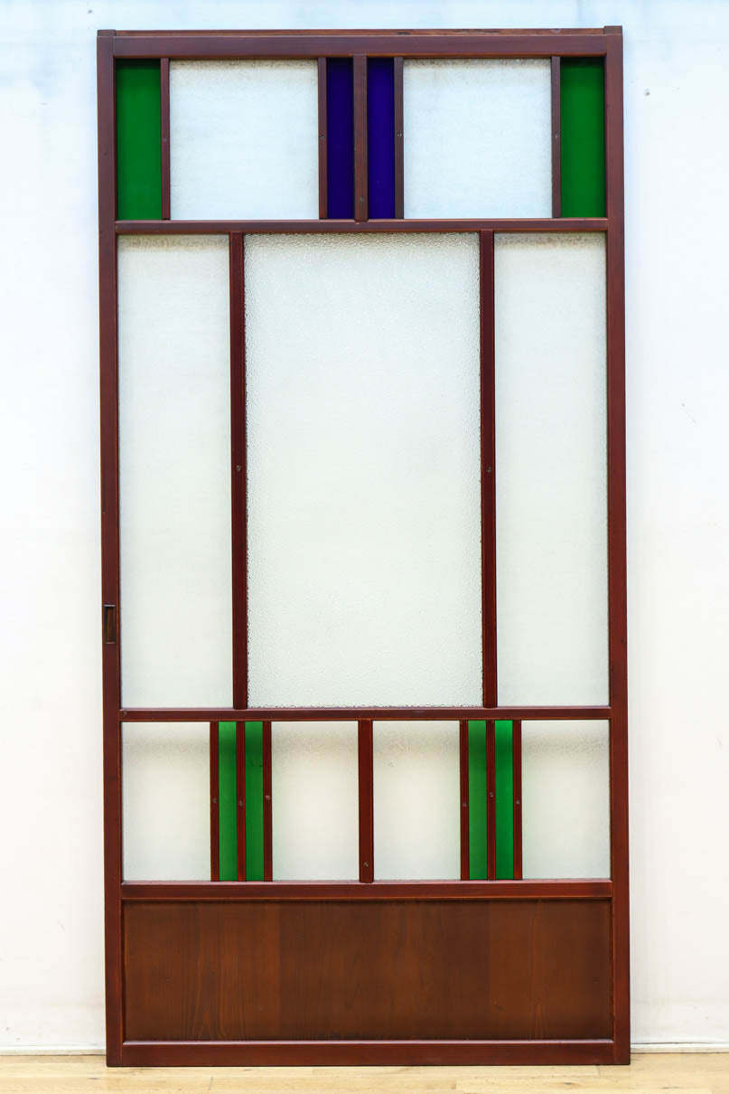 昭和レトロ!! 色ガラスの配色が爽やかなガラス戸　F8613　在庫2枚