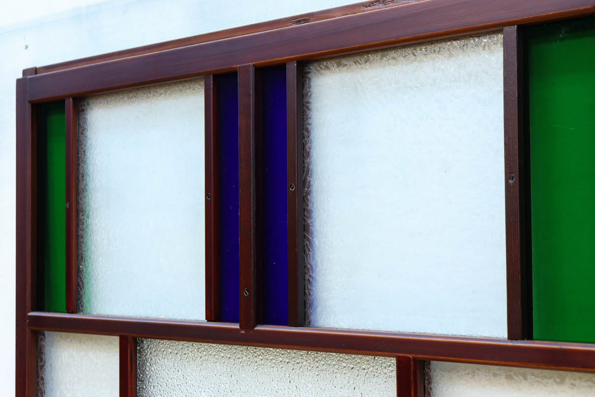 昭和レトロ!! 色ガラスの配色が爽やかなガラス戸　F8613　在庫2枚