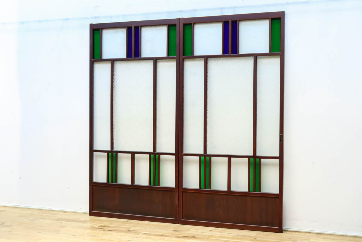 昭和レトロ!! 色ガラスの配色が爽やかなガラス戸　F8613　在庫2枚