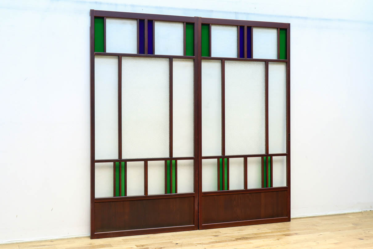 昭和レトロ!! 色ガラスの配色が爽やかなガラス戸　F8613　在庫2枚