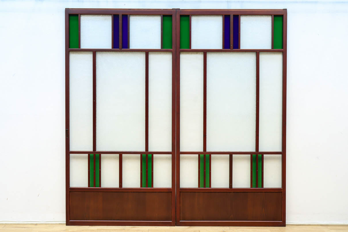 昭和レトロ!! 色ガラスの配色が爽やかなガラス戸　F8613　在庫2枚