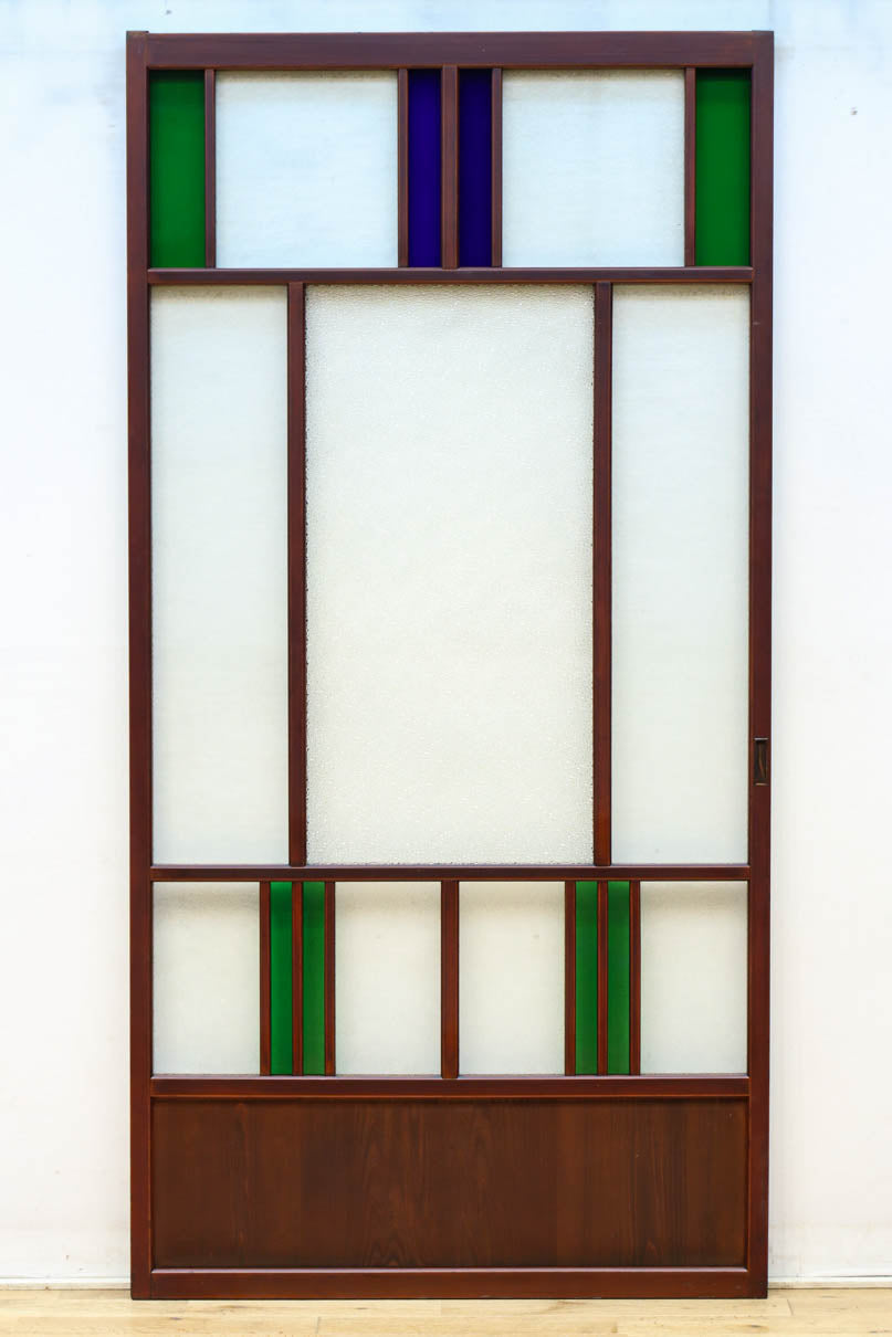 昭和レトロ!! 色ガラスの配色が爽やかなガラス戸　F8613　在庫2枚