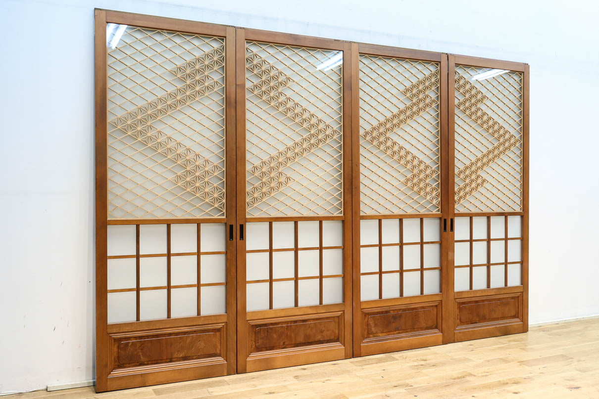 幅670ミリ　麻の葉組子が絢爛な眺めを描くガラス戸セット　F8615　在庫2枚二組