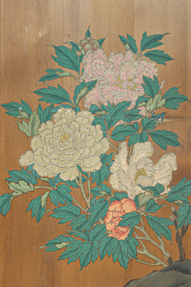 上品で雅な佇まいの牡丹と菊と水仙を描く板絵戸セット　F8714ab　在庫2枚1組