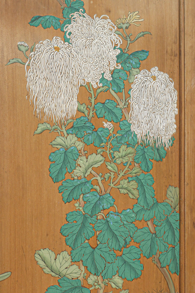上品で雅な佇まいの牡丹と菊と水仙を描く板絵戸セット　F8714ab　在庫2枚1組