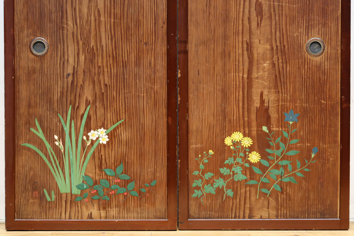 高さ1982ミリ 裏表で異なる草花を描いた趣きある杉一枚板絵戸　F8755　在庫2枚1組