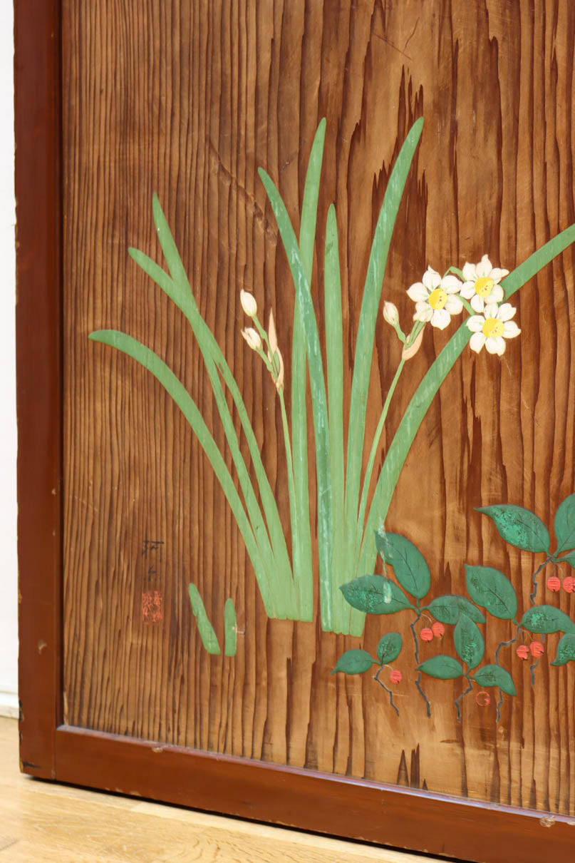 高さ1982ミリ 裏表で異なる草花を描いた趣きある杉一枚板絵戸　F8755　在庫2枚1組