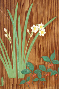 高さ1982ミリ 裏表で異なる草花を描いた趣きある杉一枚板絵戸　F8755　在庫2枚1組