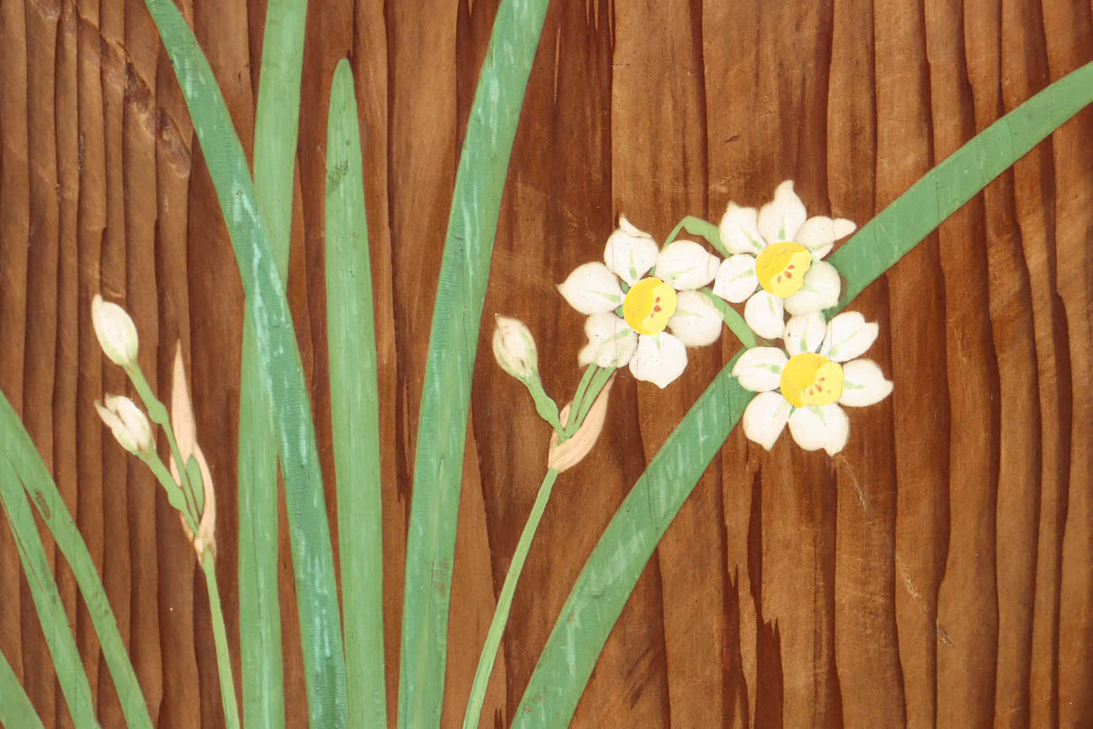 高さ1982ミリ 裏表で異なる草花を描いた趣きある杉一枚板絵戸　F8755　在庫2枚1組