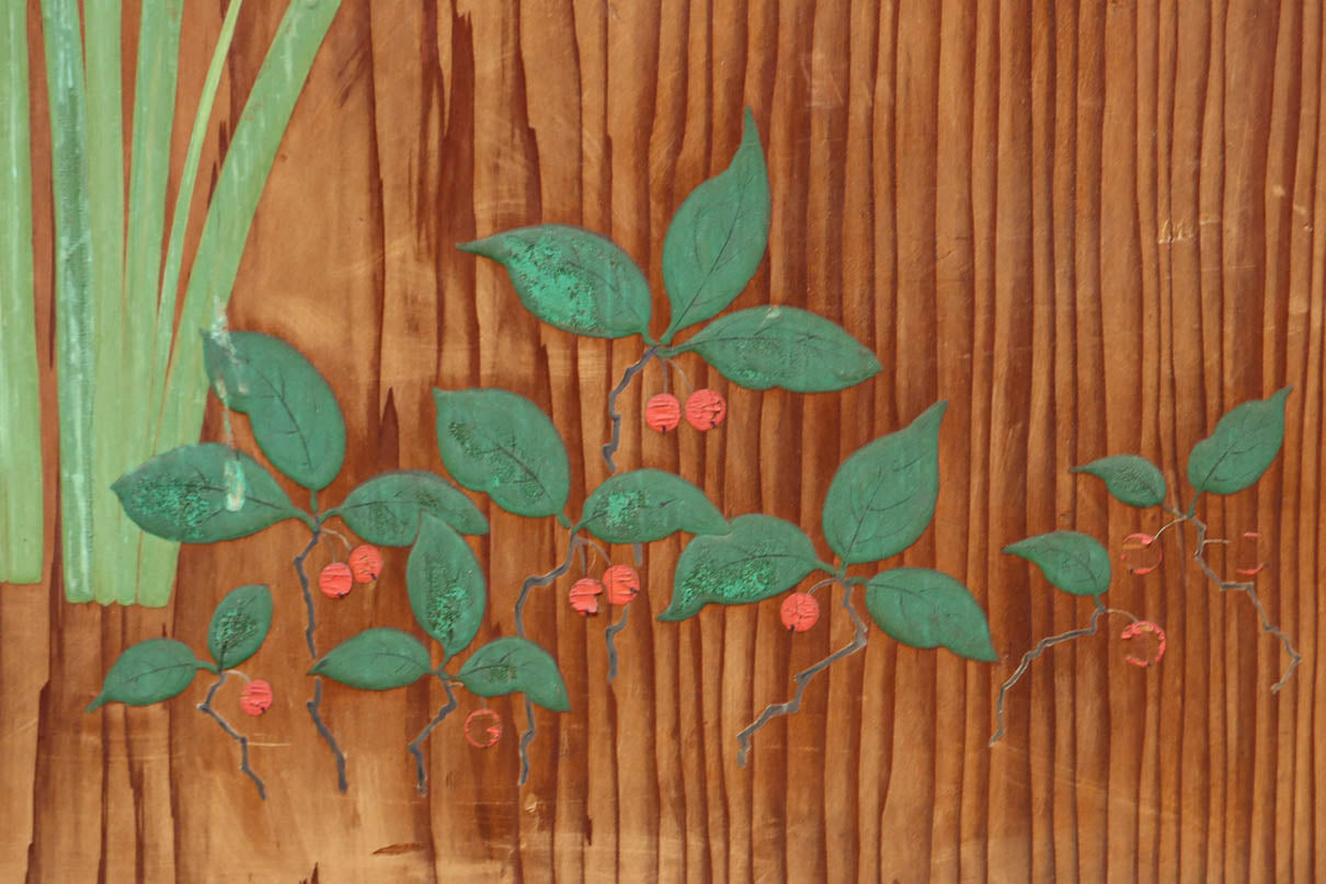 高さ1982ミリ 裏表で異なる草花を描いた趣きある杉一枚板絵戸　F8755　在庫2枚1組