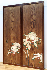 高さ1982ミリ 裏表で異なる草花を描いた趣きある杉一枚板絵戸　F8755　在庫2枚1組