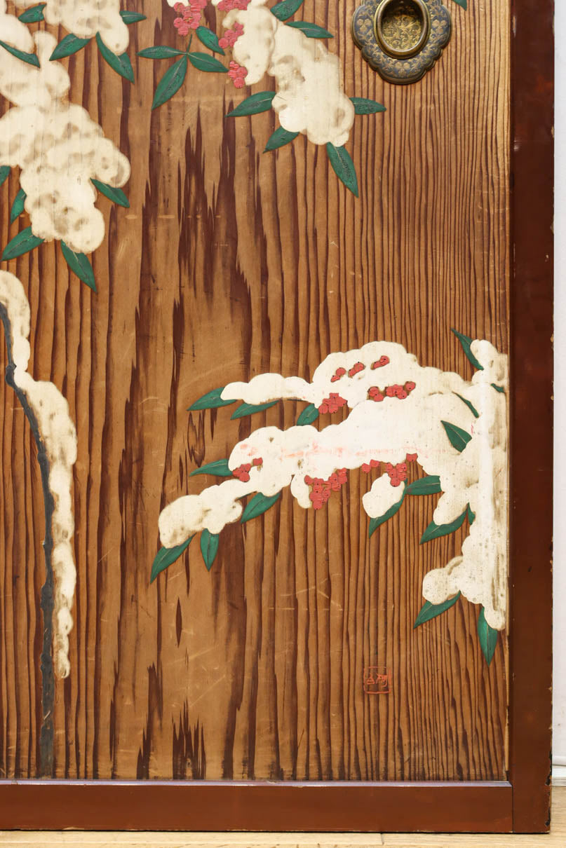 高さ1982ミリ 裏表で異なる草花を描いた趣きある杉一枚板絵戸　F8755　在庫2枚1組