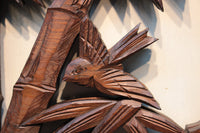 太く見事な竹と雀の彫刻欄間　E5567　在庫1枚