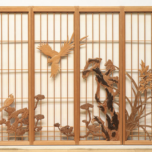 井波彫刻‼ 大きな鳥が舞う木地色の極上書院セット　EZ1085　在庫4枚1組