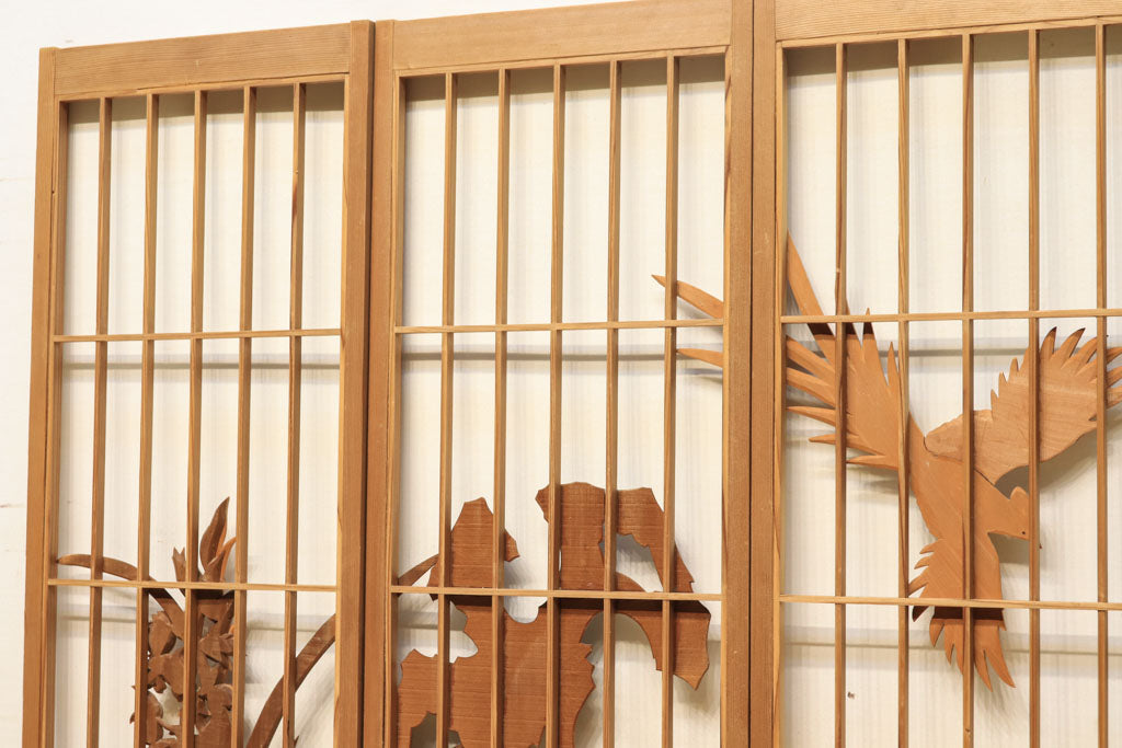 井波彫刻‼ 大きな鳥が舞う木地色の極上書院セット　EZ1085　在庫4枚1組