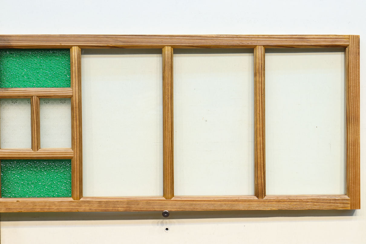 昭和レトロ!! グリーンの色ガラスが映える木地色のガラス欄間 EZ1241 