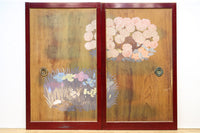 幅1080ミリ　朱色枠で華やかな花模様が美しく映える板絵戸　F7755a　在庫2枚1組