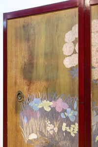 幅1080ミリ　朱色枠で華やかな花模様が美しく映える板絵戸　F7755a　在庫2枚1組