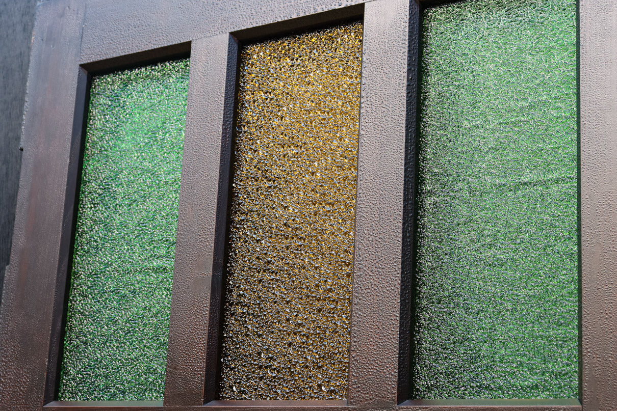 幅713ミリ　グリーンとイエローガラス窓でお洒落なレトロドア　F7844　在庫1枚